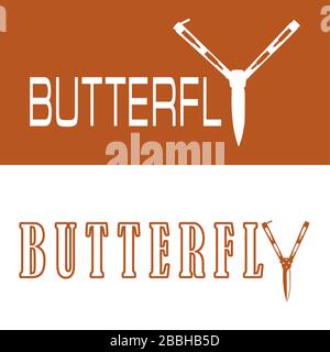Zwei Textoptionen "Schmetterling" mit Schmetterlingsmesser statt "y" in orangefarbenen und weißen Farben Stock Vektor