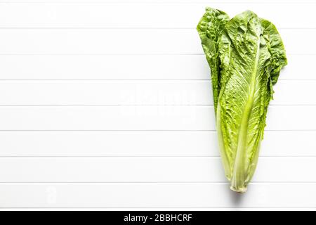 Frischer grüner Romaine Salat. Blätter von Lactuca sativa auf weißem Tisch. Draufsicht. Stockfoto