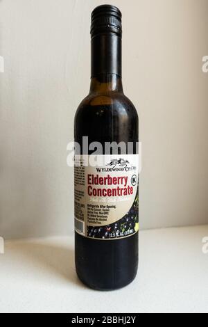 Flasche Holunderkonzentrat zur Stärkung des Immunsystems. Coronavirus, Covid-19-Reaktion. Stockfoto