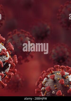 Coronavirus, COVID 19, Corona Spreading Virus Particles, SARS-COV-2 Conceptual Medical 3D Illustration auf dunkelrotem Hintergrund mit Kopierraum. Stockfoto