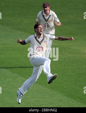 Surreys Jade Dernbach feiert, nachdem er das Wicket von Peter Trego aus Somerset genommen hat. Stockfoto