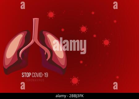 Coronavirus-Signatur auf rotem Hintergrund. Gefahr des Death-Virus Covid-19. Viruszellen fliegen. Stock Vektor