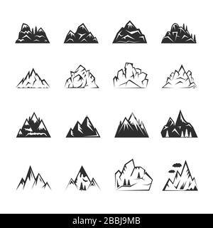 Set aus Bergen und Bergspitzen für das Logo-Design. Silhouette von Felsbergen, klettern oder unterwegs Vektorgrafiken. Aktivitäten im Freien, Camping, Wandersymbole isoliert auf weißem Hintergrund. Stock Vektor