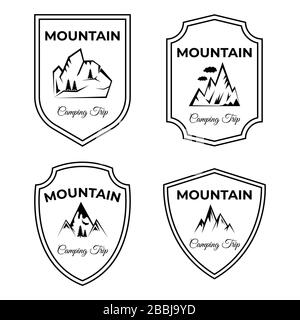 Set aus Berg- und Camping-Trip-Vector-Logo-Designs. Spitzen von Mounts mit Textbereich. Aktiver Lebensstil, Wandern, Klettern, Leben in der Natur, Reisen in alpen Ikonen isoliert auf weißem Hintergrund. Stock Vektor