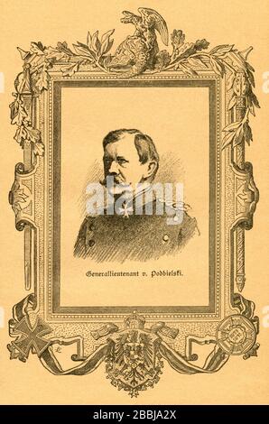 Europa, Deutschland, Berlin, Theophil von Podbielski, präußischer General der Kavalerie, Porträt, in einem Rahmen, Motiv aus: ' der Krieg zwischen Frankreich und Deutschland in den Jahren 1870-1871 ', von J. Scheibert, Verlag von W. Pauli-Nachfolger ( H. Jerosch ), Berlin, 1895 . / Europa, Deutschland, Theophil von Podbielski, preussischer General der Kavallerie, Porträt, im Rahmen, Bild von: "Der Krieg zwischen Frankreich und Deutschland in den Jahren 1870-1871" ( Krieg zwischen Frankreich und Deutschland 1870-1871 ), von J. Scheibert, Verlag W. Pauli-Nachfolger ( H. Jerosch Stockfoto