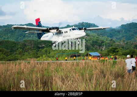 Kleines kommerzielles Flugzeug, das tief über den Fußballplatz fliegt, um auf einer Insel in Kuna Yala (Guna Yala) in Panama zu landen Stockfoto