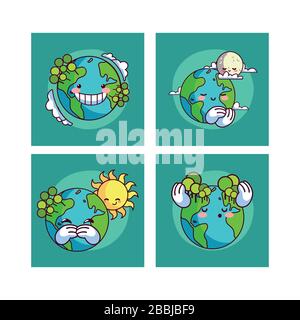 Set mit Karten von Planet Earth lächelnd kawaii Vektor Illustration Design Stock Vektor