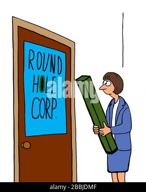 Farbcooter, die eine Geschäftsfrau zeigt, die ein quadratischer Haken ist und sich um einen Job bei "Round Hole Corp" bewirbt. Stockfoto