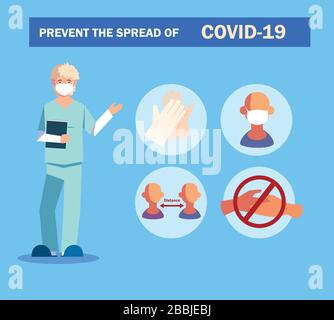 Der Arzt erklärt Infografiken, wie sie die Ausbreitung des Kovid 19-Vektorbildarktentwurfs verhindern Stock Vektor