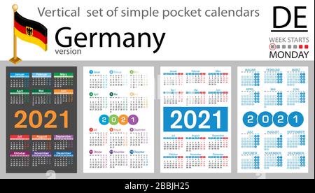 Deutscher vertikaler Satz von Taschenkalendern für 2020 (zweitausend einundzwanzig). Die Woche beginnt am Montag. Neues Jahr. Einfaches Design in Farbe. Vektor Stock Vektor