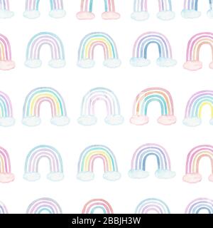 Aquarell handgemaltes, nahtloses Muster, pastellfarbener Regenbogen und Clouds Clipart Set. Kinderillustration. Babyduschgrafiken. Buntes digitales Papier Stockfoto