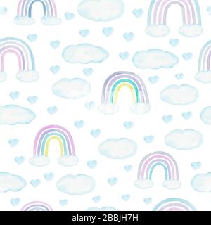 Aquarell nahtloses Muster mit Regenbögen, Wolken und Herzen in trendigen Pastellfarben. Handgezeichnetes, niedliches, abstraktes Hintergrundbild, digitales Papier, perfekt für k Stockfoto