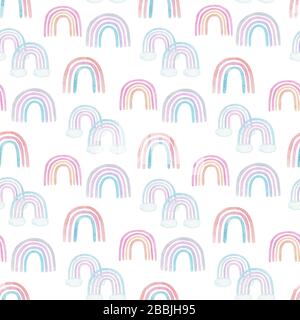Pastellfarbene Regenbögen im skandinavischen Stil. Aquarell, handbemalt, nahtloses Muster auf weißem Hintergrund. Stockfoto