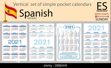 Vertikaler Satz spanischer Taschenkalender für 2020 (zweitausend einundzwanzig). Die Woche beginnt am Montag. Neues Jahr. Einfaches Design in Farbe. Vektor Stock Vektor