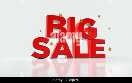 3D-Darstellung von Big Sale Text in roter Farbe und Goldsternen rund um. Stockfoto