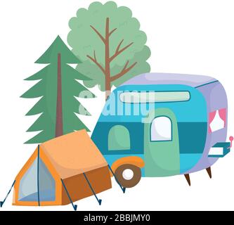 Camping Zelt Anhänger Wald Bäume Grün Cartoon Vektor Illustration Stock Vektor