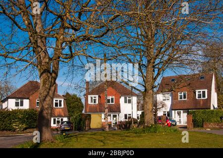 Mittelklasse-Häuser in einer suburbanen Sackgasse, Surrey, England Stockfoto