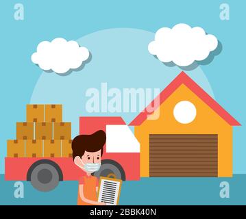 Lieferung Mann Logistiklager-Truck mit Boxen E-Commerce Online-Shopping Vektor Illustration Kovid 19 Coronavirus Stock Vektor