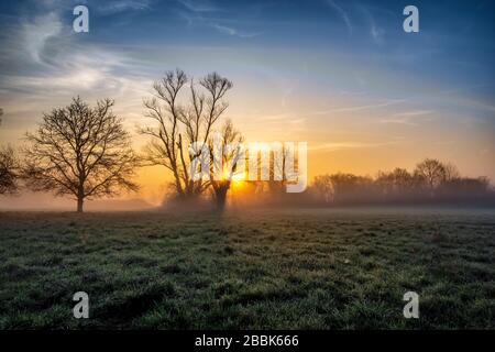 Sonnenaufgang über den Kahlgrund-Wiesen Stockfoto