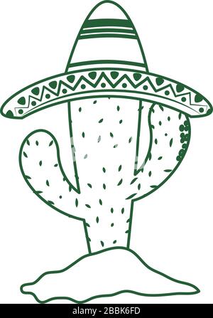 Kaktus mit Hut in Sand Cinco de Mayo mexican Celebration Vector Illustration Line Style Icon Stock Vektor