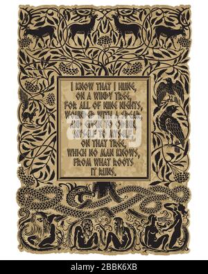 Vintage-Gravur. Der Baum des Lebens in der nordischen Mythologie, Tiere und Menschen, die Schlange und die Spriche des Norsengottes Odin Stock Vektor