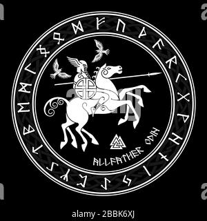 Gott Wotan, der auf einem Pferd Sleipnir mit einem Speer und zwei Raben in einem Kreis von Norse Runen reitet. Darstellung der nordischen Mythologie Stock Vektor