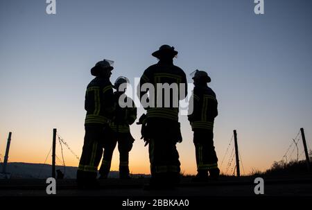 Stuttgart, Deutschland. April 2020. Feuerwehrleute stehen nach einer Operation am Morgen auf einer Wiese. Credit: Sebastian Gollnow / dpa / Alamy Live News Stockfoto