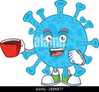 Eine Cartoon-Figur aus Coronavirus Backteria mit einer Tasse Kaffee Stock Vektor
