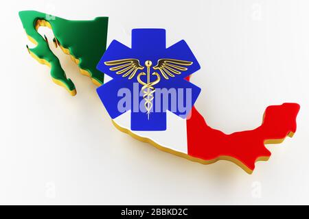 Caduceus Schild mit Schlangen auf einem medizinischen Stern. Karte von Mexiko Landgrenze mit Flagge. Karte von Mexiko auf weißem Hintergrund. 3D-Rendering Stockfoto