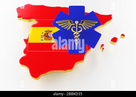 Caduceus Schild mit Schlangen auf einem medizinischen Stern. Karte Spaniens Landgrenze mit Flagge. Spanien Karte auf weißem Hintergrund. 3D-Rendering Stockfoto