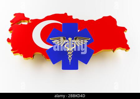 Caduceus Schild mit Schlangen auf einem medizinischen Stern. Karte der Türkei Landgrenze mit Flagge. Türkei-Karte auf weißem Hintergrund. 3D-Rendering Stockfoto