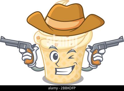 Süßer hübsches Cowboy aus Vanilleeis Cartoon-Charakter mit Waffen Stock Vektor