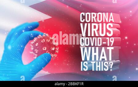 Coronavirus COVID-19, häufig gestellte Frage - was ist es Text, medizinisches Konzept mit Flagge Bahrains. Pandemische 3D-Darstellung. Stockfoto