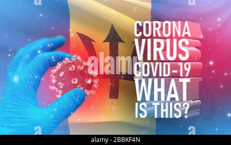 Coronavirus COVID-19, häufig gestellte Frage - was ist es Text, medizinisches Konzept mit Flagge von Barbados. Pandemische 3D-Darstellung. Stockfoto
