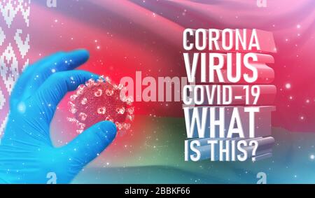 Coronavirus COVID-19, häufig gestellte Frage - was ist es Text, medizinisches Konzept mit Flagge Weißrusslands. Pandemische 3D-Darstellung. Stockfoto