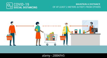 Soziale Distanzierung und Coronavirus-Kovid-19-Prävention: Halten Sie einen sicheren Abstand zu anderen im Supermarkt Stock Vektor