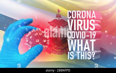 Coronavirus COVID-19, häufig gestellte Frage - was ist es Text, medizinisches Konzept mit Flagge von Brunei. Pandemische 3D-Darstellung. Stockfoto
