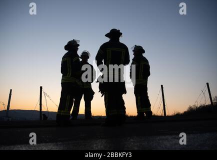 Stuttgart, Deutschland. April 2020. Feuerwehrleute stehen nach einer Operation am Morgen auf einer Wiese. Credit: Sebastian Gollnow / dpa / Alamy Live News Stockfoto