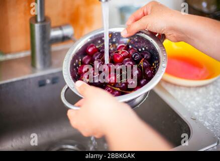 Frau händigt in der Küchenspüle Kirschen in Kolander aus. Nahaufnahme. Stockfoto