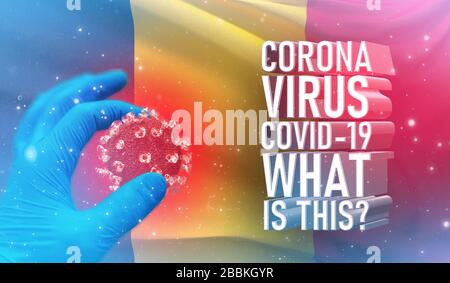 Coronavirus COVID-19, häufig gestellte Frage - was ist es Text, medizinisches Konzept mit Flagge des Tschad. Pandemische 3D-Darstellung. Stockfoto