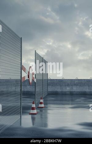 3D-Rendering von Sperrflächen mit nassem Asphalt und Zaun Stockfoto