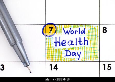 Erinnerung Weltgesundheitstag im Kalender mit Stift. April 07. Stockfoto