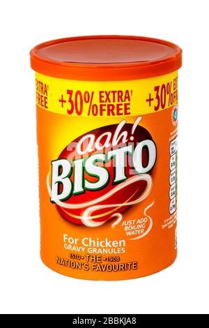 Bisto Gravy Huhn, Granulat, Packung, Karton Produkt Logo Packung Ausschnitt aus weißem Hintergrund Kopierraum isoliert, Bisto Gravy, Hühnergravy Stockfoto