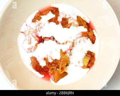 Rhabarber in einer Schüssel mit Hafercreme gehütet Stockfoto