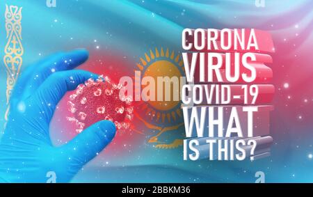 Coronavirus COVID-19, häufig gestellte Frage - was ist es Text, medizinisches Konzept mit Flagge Kasachstans. Pandemische 3D-Darstellung. Stockfoto