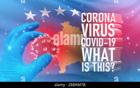 Coronavirus COVID-19, häufig gestellte Frage - was ist es Text, medizinisches Konzept mit Flagge des Kosovo. Pandemische 3D-Darstellung. Stockfoto
