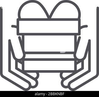 Hände mit Geschenkkarton Frachtgutversand zugehörige Lieferung Vektor Illustration Linien-Symbol Stock Vektor