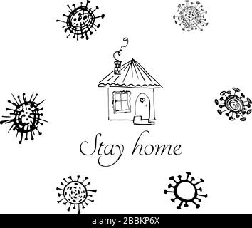 Bleiben Sie zu Hause. Beenden Sie das Konzept von Coronavirus. Symbol mit Bakterien um das Haus herum. Vektor-Quarantänezeichen. Linienzeichnung. Medizinische Symbolsammlung. COVID-19. Stock Vektor