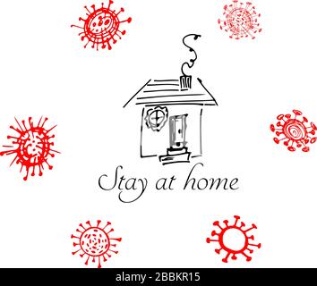 Bleiben Sie zu Hause. Beenden Sie das Konzept von Coronavirus. Symbol mit Bakterien um das Haus herum. Vektor-Quarantänezeichen. Linienzeichnung. Medizinische Symbolsammlung. COVID-19. Stock Vektor