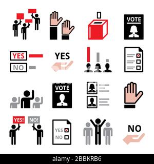 Demokratie, Wahl für politische Partei oder neuen präsidenten, moderne Gesellschaft mit gleichen Menschenrechts-Vektor-Ikone gesetzt Stock Vektor
